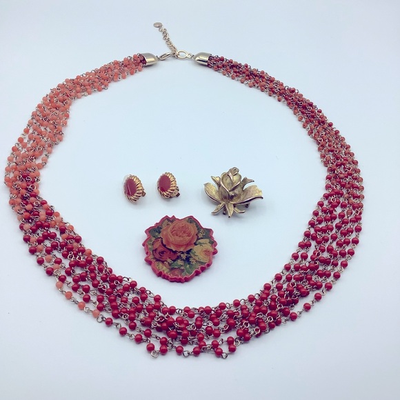Red Orange Floral Vintage Jewlery Lot /Hallmark - Picture 1 of 12